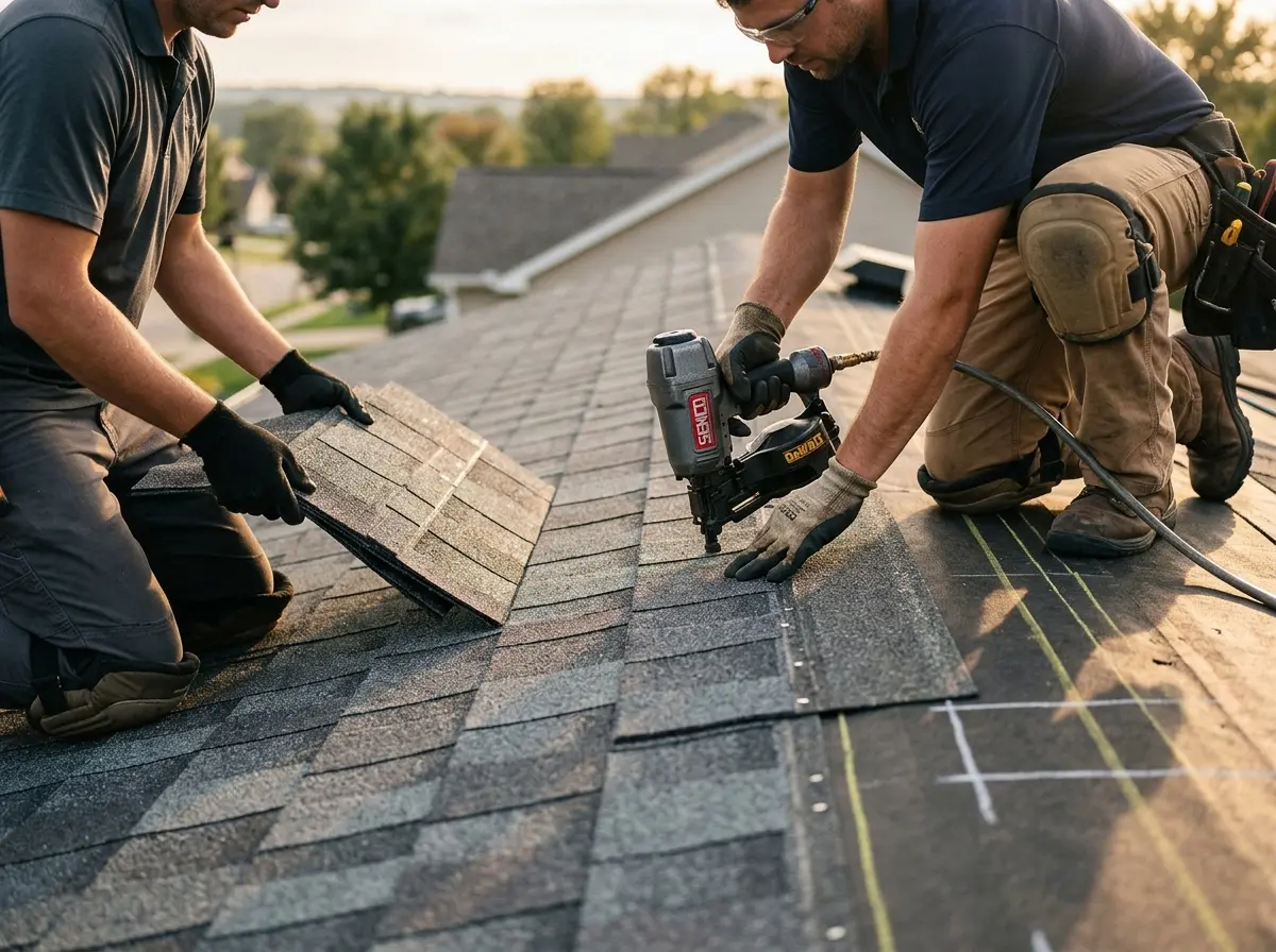 Professional roofer working on a residential roof in Box Elder